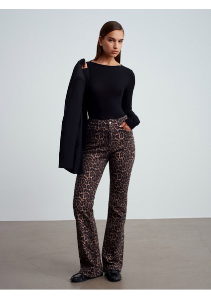 72082 Leopar Desenli Flare Jean-Kahve