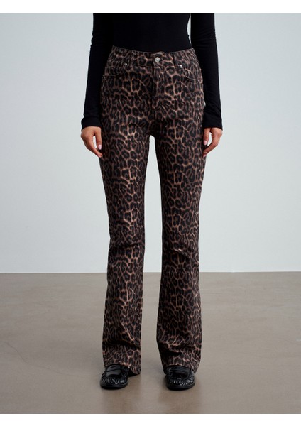 72082 Leopar Desenli Flare Jean-Kahve indirimleri
