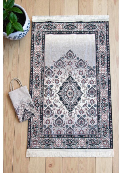 Ipeksi Dokulu Çantalı Kadife Seccade - Rumi Motifli, Pratik, Taşınabilir - Siyah