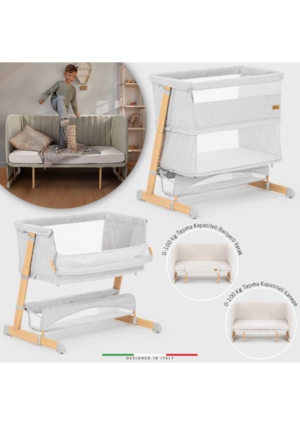 Lettino 4in1 Xl Büyüyebilen Anne Yanı Bebek Beşik Park Yatak 0-100 kg Gri