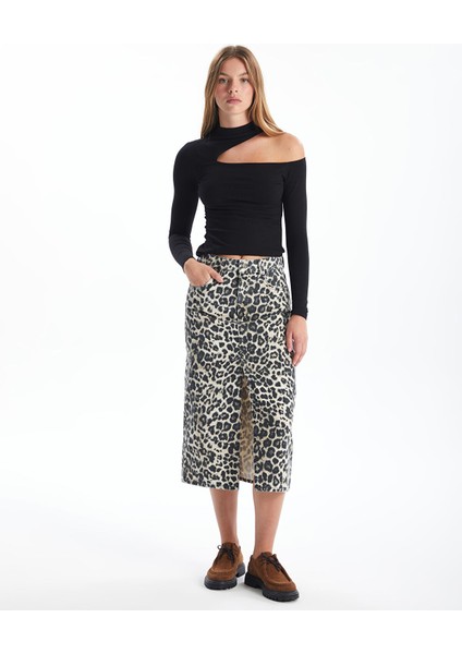 Yeni Sezon Standart Fit Leopar Desenli Kadın Jean Etek