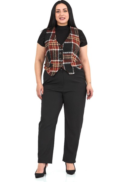 Büyük Beden Düğme Kapamalı Cep Kapaklı Astarlı Kısa Çizgili Kaşe Siyah Yelek