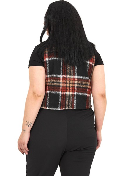 Büyük Beden Düğme Kapamalı Cep Kapaklı Astarlı Kısa Çizgili Kaşe Siyah Yelek modelleri