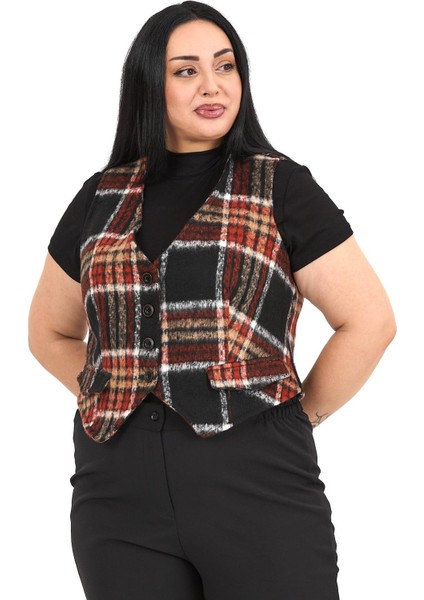 Büyük Beden Düğme Kapamalı Cep Kapaklı Astarlı Kısa Çizgili Kaşe Siyah Yelek fırsatları