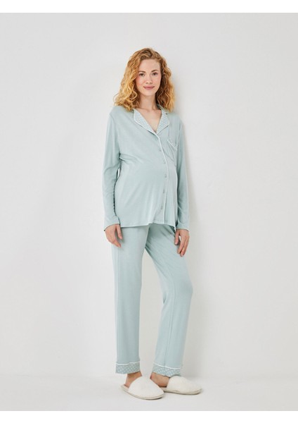 Yeni Sezon Gömlek Yaka Düz Uzun Kollu Hamile Pijama Takımı