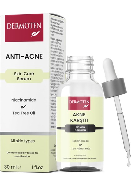 Dermoten Akne Karşıtı, Niacinamide ve Çay Ağacı Yağlı Cilt Bakım Serumu 30 ml