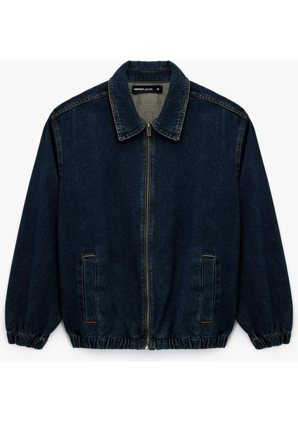 Gömlek Yaka Cepli Fermuarlı Oversize Bomber Jean Ceket