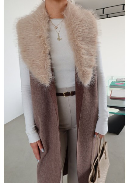 Yakası Kürk Detaylı Uzun Triko Yelek indirimleri