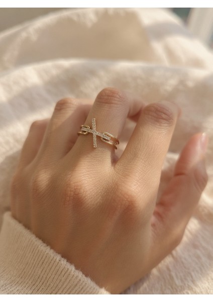 Taşlı Çarpı Formlu Ayarlanabilir Çelik Yüzük – Gold Renk / Aurora Collection