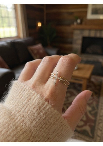 Taşlı Çarpı Formlu Ayarlanabilir Çelik Yüzük – Gold Renk / Aurora Collection fiyatları