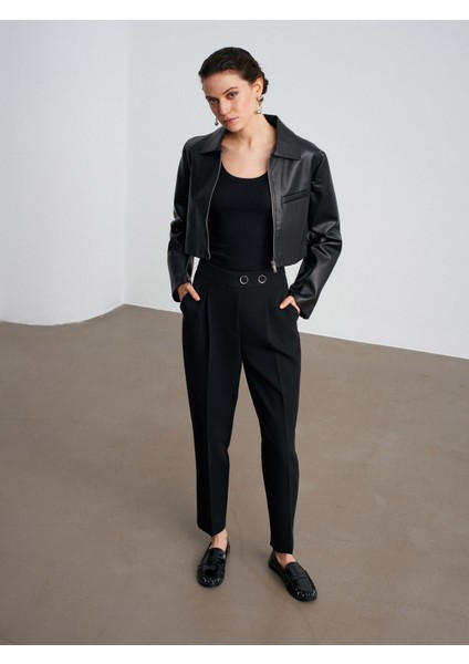 72174 Düğme Detaylı Pileli Kumaş Pantolon-Siyah