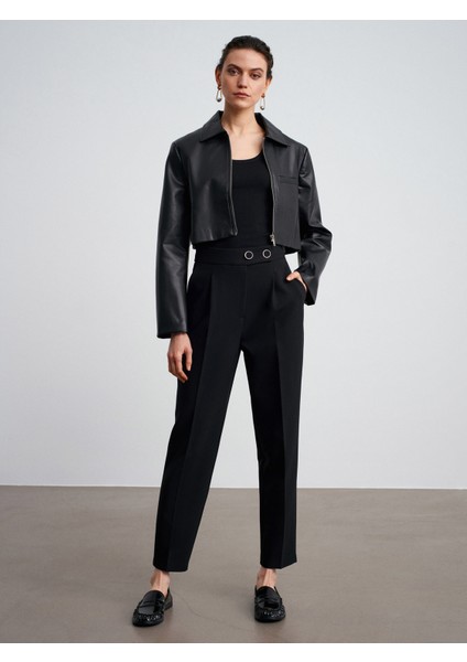 72174 Düğme Detaylı Pileli Kumaş Pantolon-Siyah modelleri