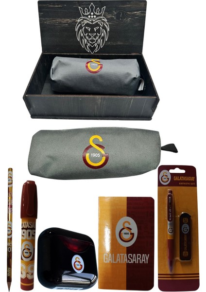 Galatasaray Orjinal Lisanslı Siyah Air Kalemtraş Ahşap Kutulu 6'lı Kırtasiye Seti