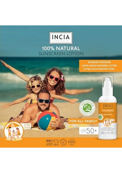 INCIA%100 Doğal ve Organik Tamanu Yağlı Güneş Losyonu Mineral Filtreli Tüm Aile Için 50 Spf 100 ml fiyatları