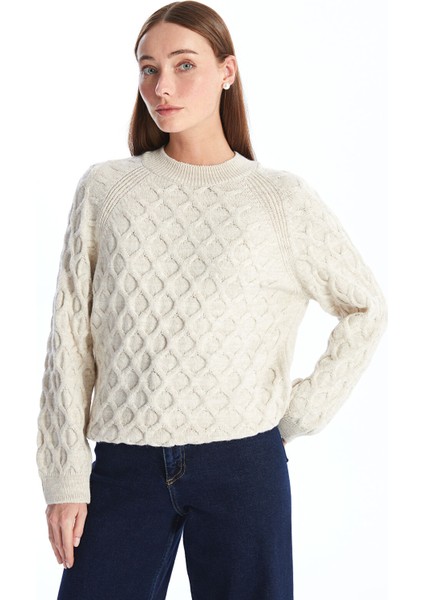 Yeni Sezon Bisiklet Yaka Kendinden Desenli Uzun Kollu Kadın Triko Kazak