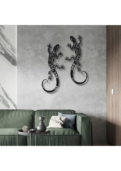 Metal Kertenkele Duvar Dekoru Seti – 2 Parça Modern Minimalist Tropikal Ev Ofis Duvar Süsü Tablo