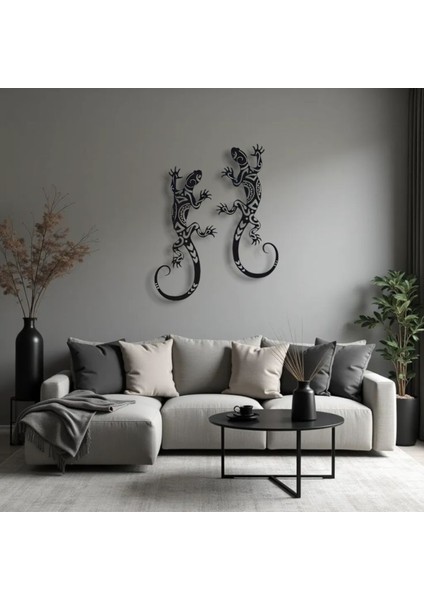 Metal Kertenkele Duvar Dekoru Seti – 2 Parça Modern Minimalist Tropikal Ev Ofis Duvar Süsü Tablo