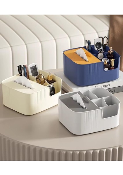 Çok Bölmeli Masa Üstü Organizer Kutusu – Kağıt Havlu Bölmeli, Kalemlikli, Uzaktan Kumanda, Makyaj Malzemesi ve Aksesuar Düzenleyici, Modern Tasarım, Ev ve Ofis Için (Beyaz)