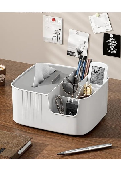Çok Bölmeli Masa Üstü Organizer Kutusu – Kağıt Havlu Bölmeli, Kalemlikli, Uzaktan Kumanda, Makyaj Malzemesi ve Aksesuar Düzenleyici, Modern Tasarım, Ev ve Ofis Için (Beyaz) modelleri
