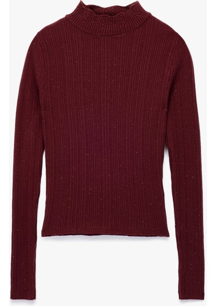 Fırfır Detaylı Dik Yaka Uzun Kollu Triko Kazak