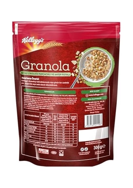 Kellogg&apos;s Granola Beyaz Çikolatali & Antep Fıstikli 300 Gr,%46 Yulaf Içerir,lif Kaynağı,antioksidan Içerir,kahvaltılık Gevrek,müsli