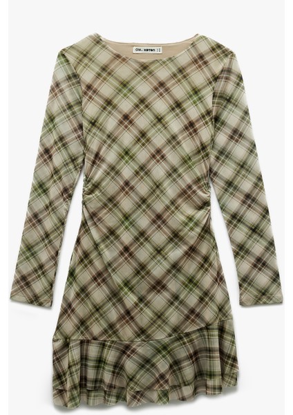 Uzun Kollu Bisiklet Yaka Drape Detaylı Mini Ekoseli Elbise