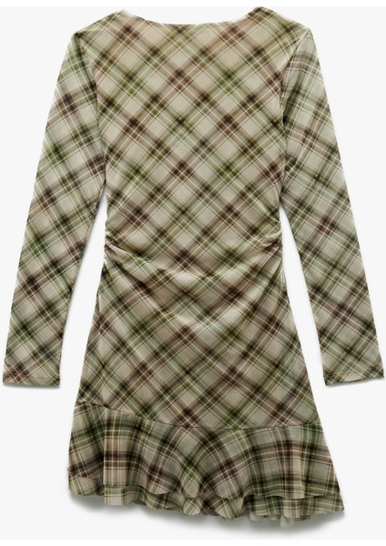 Uzun Kollu Bisiklet Yaka Drape Detaylı Mini Ekoseli Elbise fiyatları