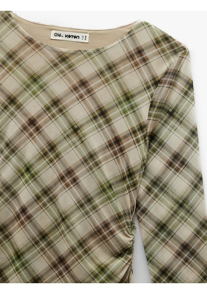 Uzun Kollu Bisiklet Yaka Drape Detaylı Mini Ekoseli Elbise modelleri