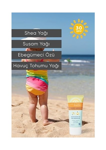 Iva Natura Organik Nemlendirici ve Koruyucu 30 Spf Çocuk Güneş Kremi 75 Ml, Organik Sertifikalı,%99 DOĞAL,%100 Vegan, Parabensiz, Glutensiz, Nemlendiricili, Uv Korumalı, Mineralli