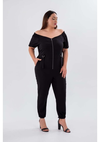 Kadın Büyük Beden Fermuarlı Cepli Siyah Tulum