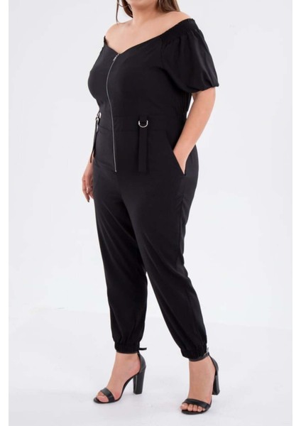 Kadın Büyük Beden Fermuarlı Cepli Siyah Tulum modelleri
