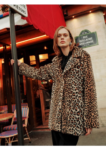 Yeni Sezon Ceket Yaka Leopar Desenli Kadın Kürk Kaban