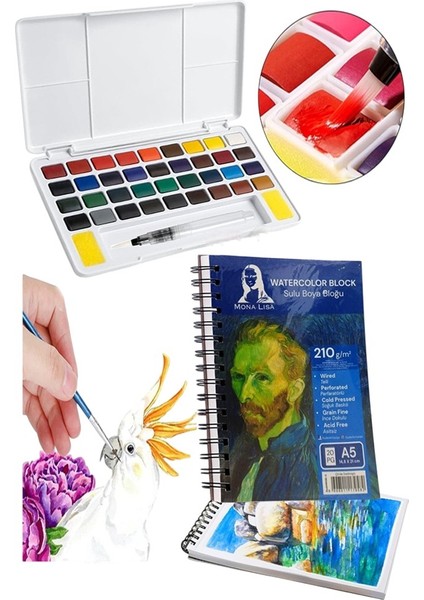 36 Renk Tablet Sulu Boya ve A5 Telli Suluboya Bloğu Kağıdı A5 210GR 20 Yaprak Ince Dokulu Taş Suluboya Plastik Kutulu