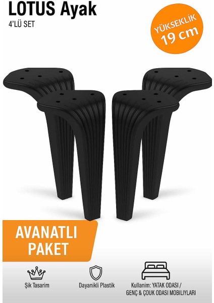 Lotus 19 cm Siyah (4 Adet) Mobilya Koltuk Yatak Odası Tv Ünitesi Konsol ve Sehpa Ofis Mobilyası Ayağı