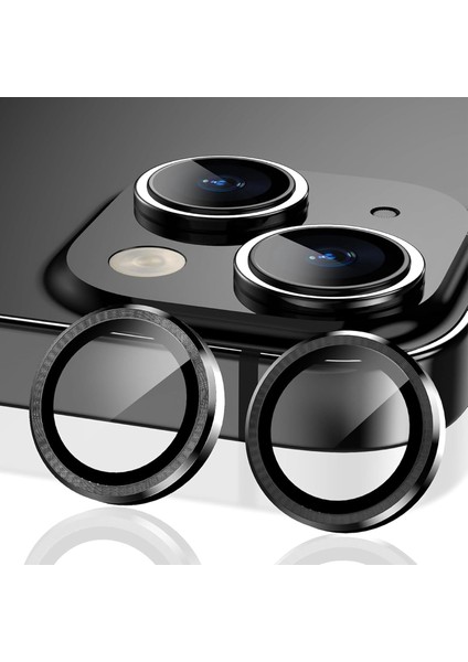 Iphone Alüminyum Alaşım Çerçeveli Tempered Glass Kamera Lens Koruyucu (15 Siyah)