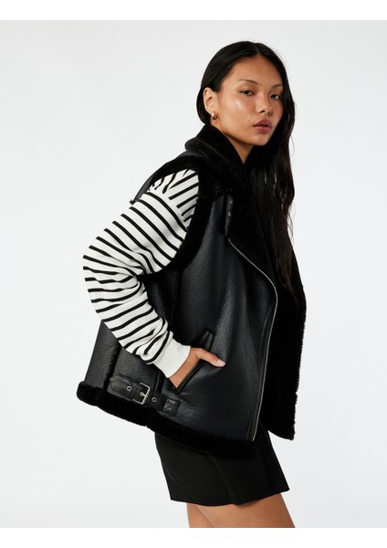 Suni Kürklü Yaka Fermuarlı Deri Görünümlü Kolsuz Biker Yelek