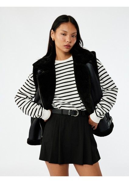 Suni Kürklü Yaka Fermuarlı Deri Görünümlü Kolsuz Biker Yelek fiyatları