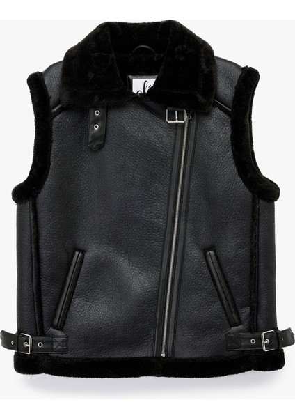 Suni Kürklü Yaka Fermuarlı Deri Görünümlü Kolsuz Biker Yelek modelleri