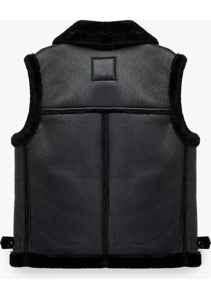 Suni Kürklü Yaka Fermuarlı Deri Görünümlü Kolsuz Biker Yelek fırsatları
