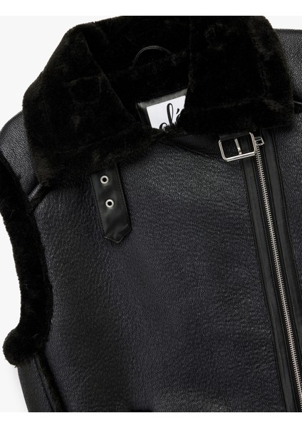 Suni Kürklü Yaka Fermuarlı Deri Görünümlü Kolsuz Biker Yelek indirimleri
