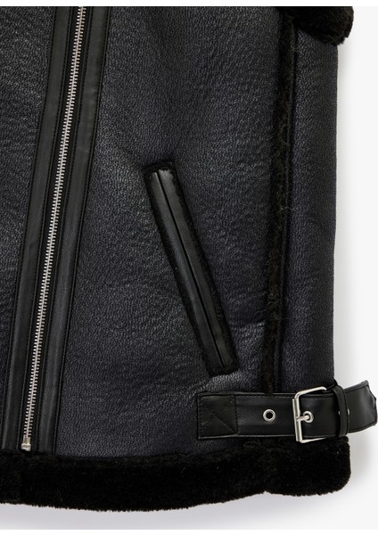 Suni Kürklü Yaka Fermuarlı Deri Görünümlü Kolsuz Biker Yelek