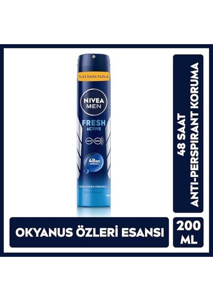 Nıvea Men Erkek Sprey Deodorant Fresh Active 200ML, Ter Kokusuna 48 Saat Etkili, Erkeksi Koku, Ferahlık,ekonomik Boy