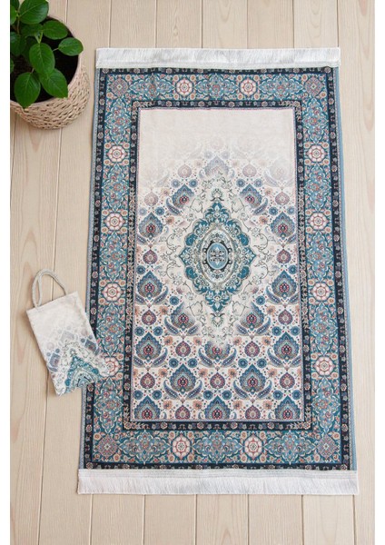 Ipeksi Dokulu Çantalı Kadife Seccade - Rumi Motifli, Pratik, Taşınabilir - Mavi fiyatları