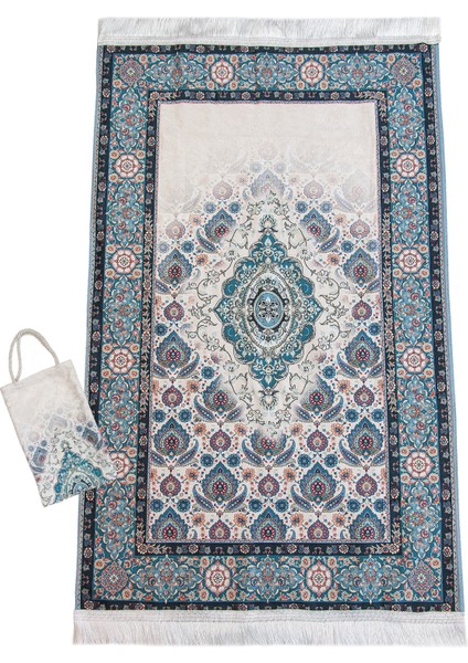 Ipeksi Dokulu Çantalı Kadife Seccade - Rumi Motifli, Pratik, Taşınabilir - Mavi modelleri