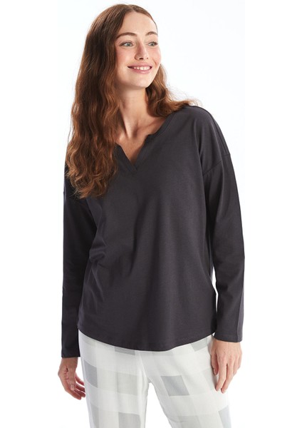 Yeni Sezon Kaçık Yaka Düz Uzun Kollu Kadın Pijama Üst