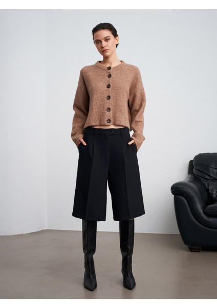 60280 Yanları Yırtmaçlı Yün Karışımlı Triko Hırka-K.Bej Mel.