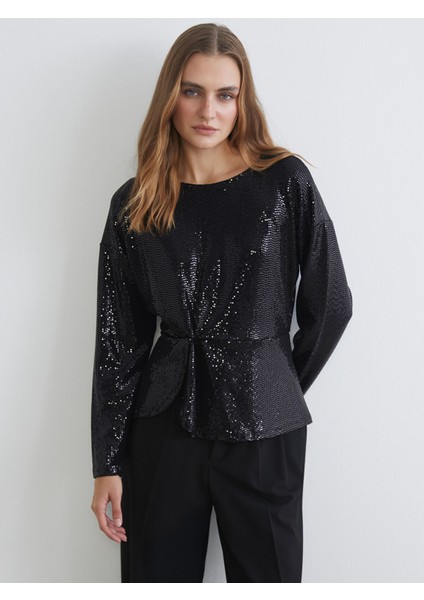Yeni Sezon Bisiklet Yaka Büzgülü Payetli Bluz