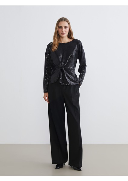 Yeni Sezon Bisiklet Yaka Büzgülü Payetli Bluz fiyatları