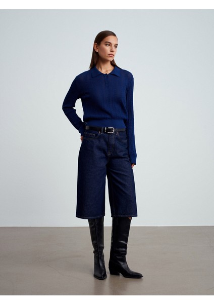 10827 Polo Yaka Ince Triko Bluz-Lacivert