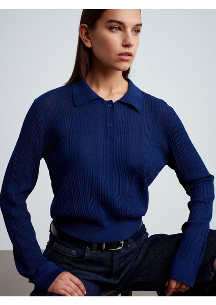 10827 Polo Yaka Ince Triko Bluz-Lacivert fiyatları